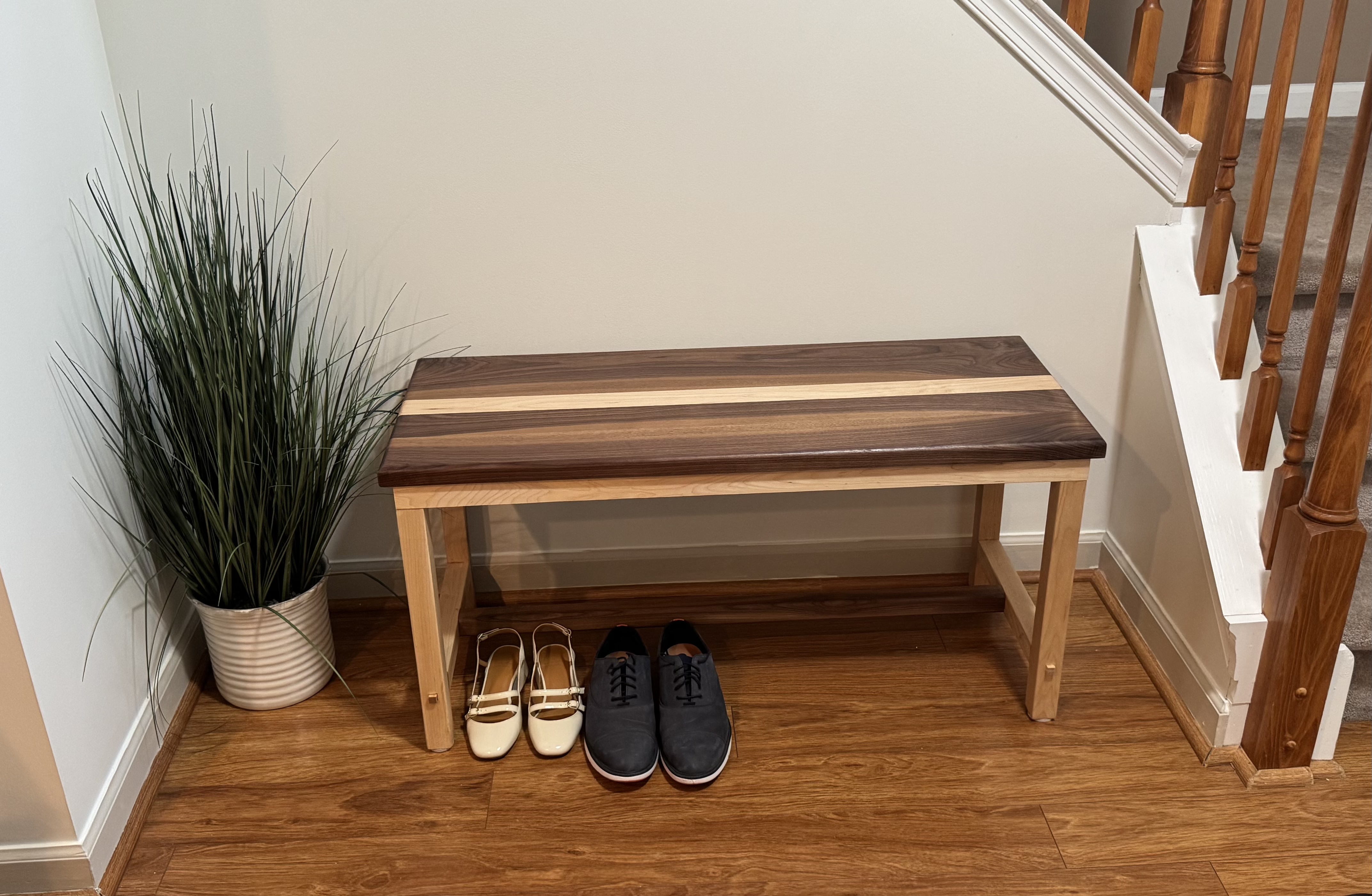 Black walnut and maple entryway bench with mortise and through tenon joinery