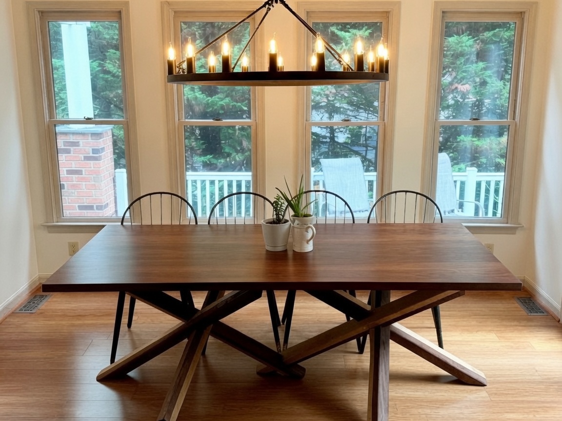 Seven-foot walnut dining table with a double tripod base of walnut and maple