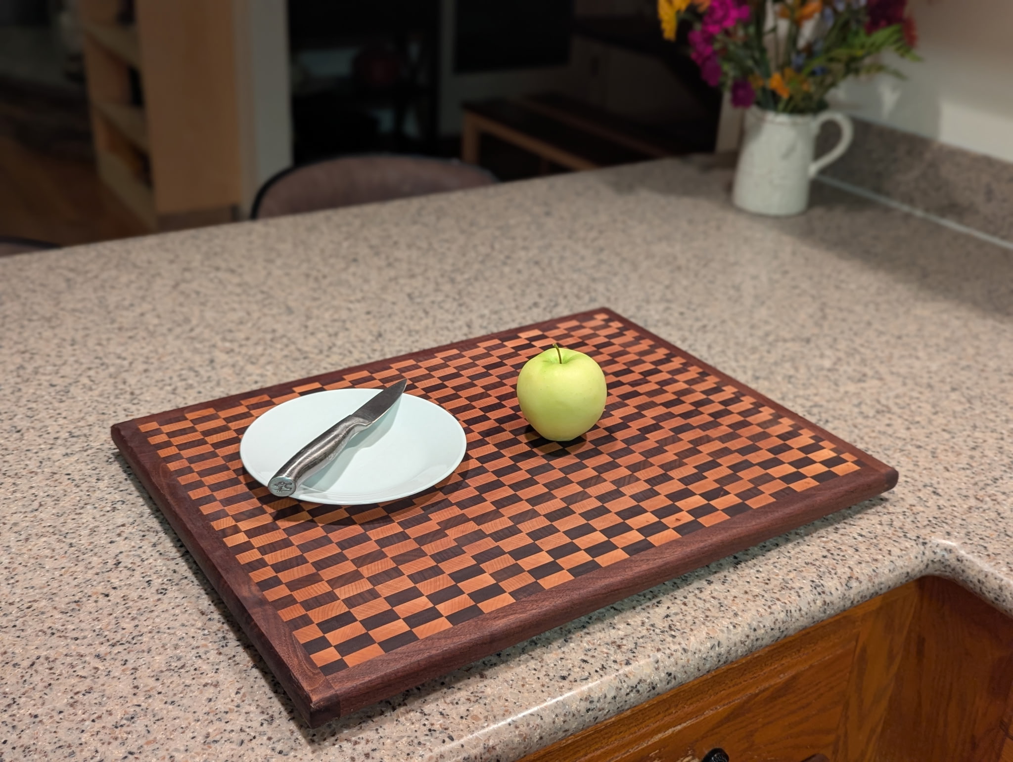 End grain checkered cutting board in maple and walnut